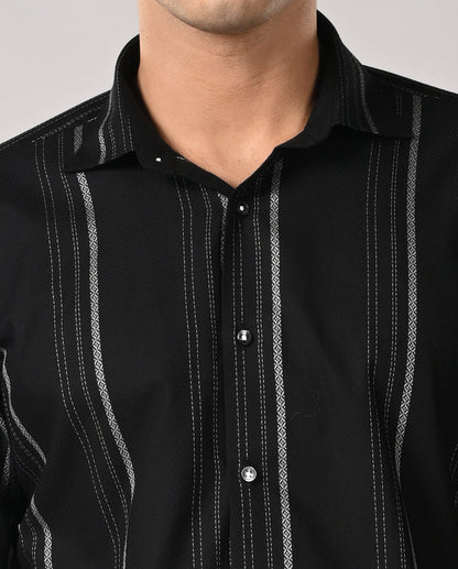 Mens black slim fit cotton blend casual shirt with white spotted lines and contrast buttons