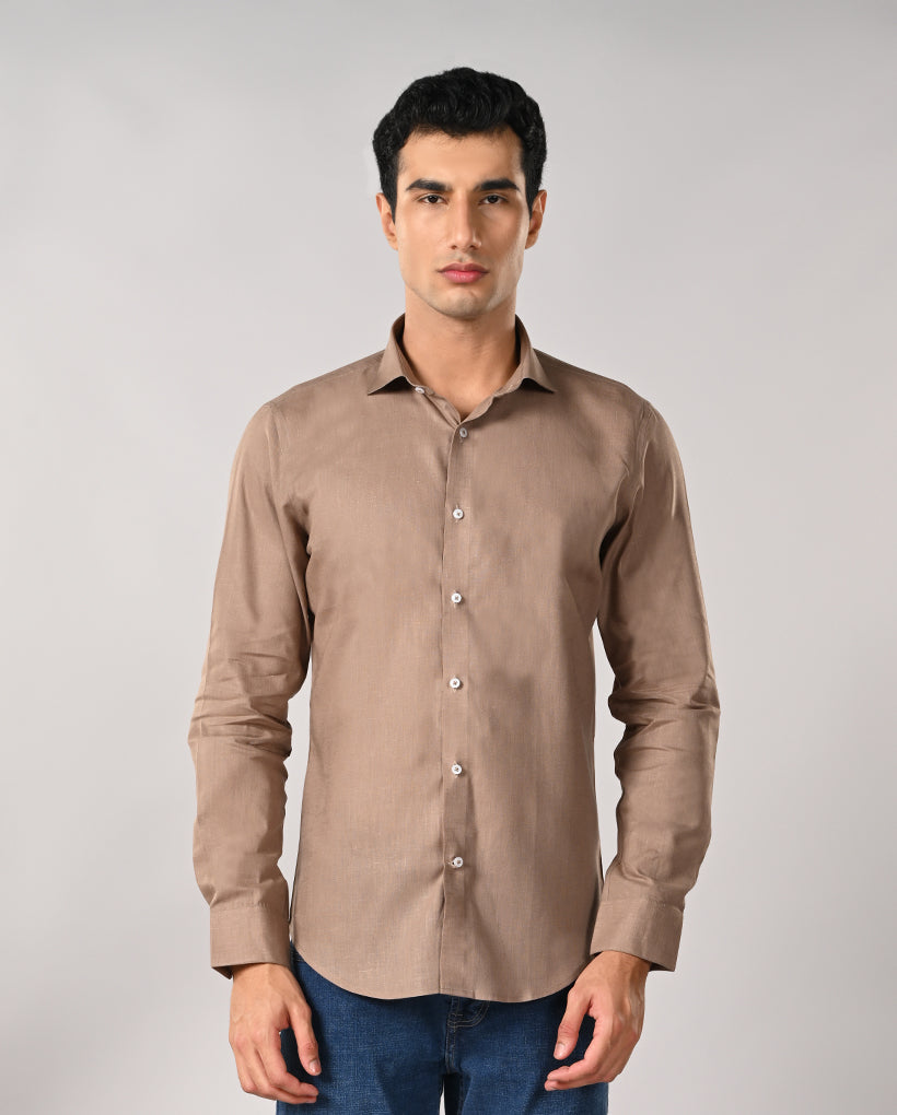 Stylish 100% cotton apple cut shirt for men in pastel nude shade with contrast buttons