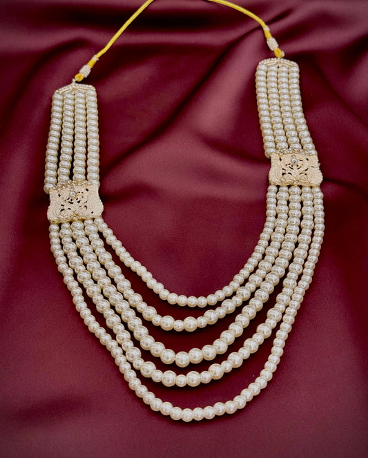 maharaja red pearl mala groom | five layer wedding pearl necklace | royal sherwani bead mala