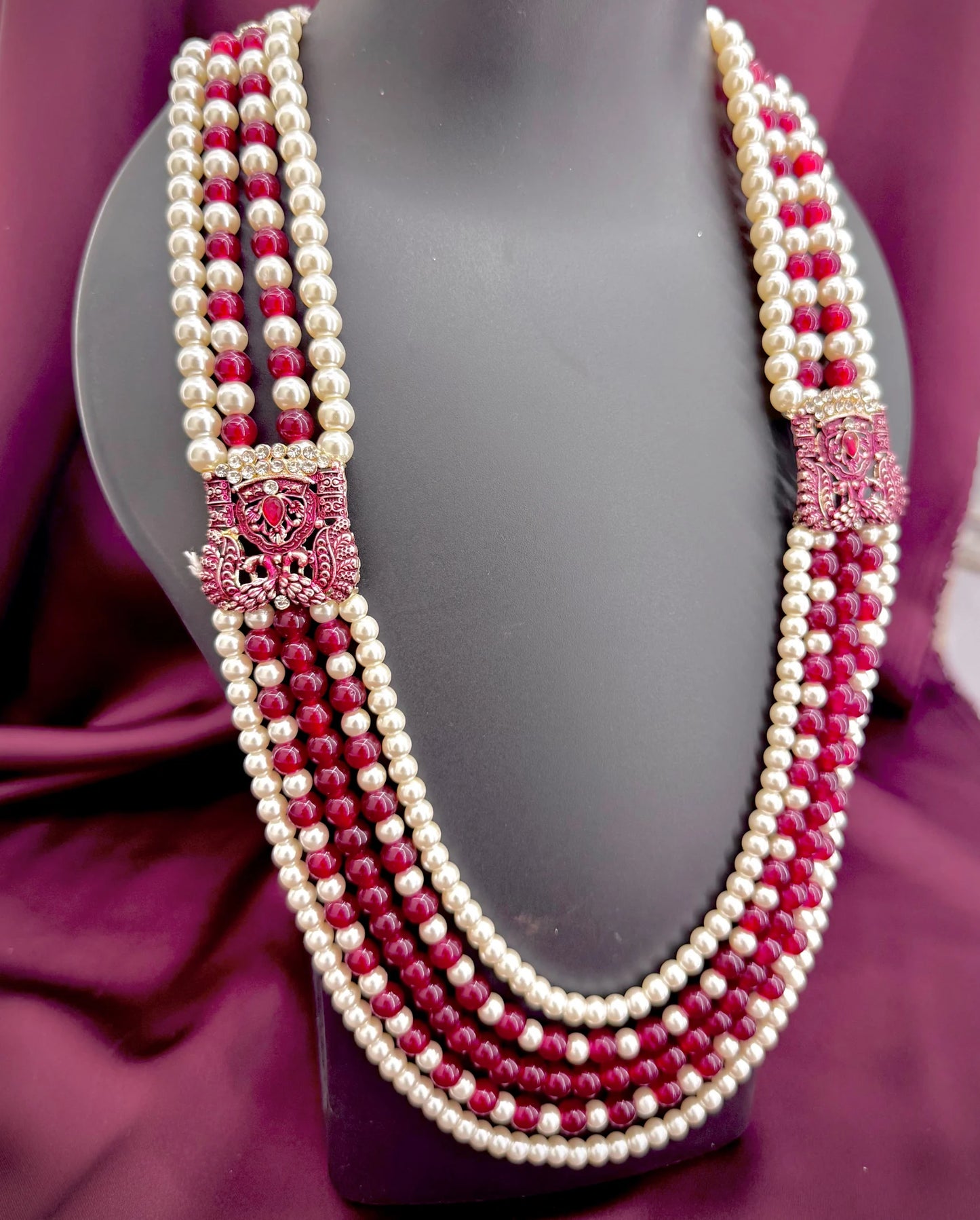 maharaja red pearl mala groom | five layer wedding pearl necklace | royal sherwani bead mala
