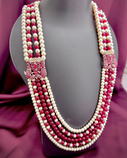 maharaja red pearl mala groom | five layer wedding pearl necklace | royal sherwani bead mala
