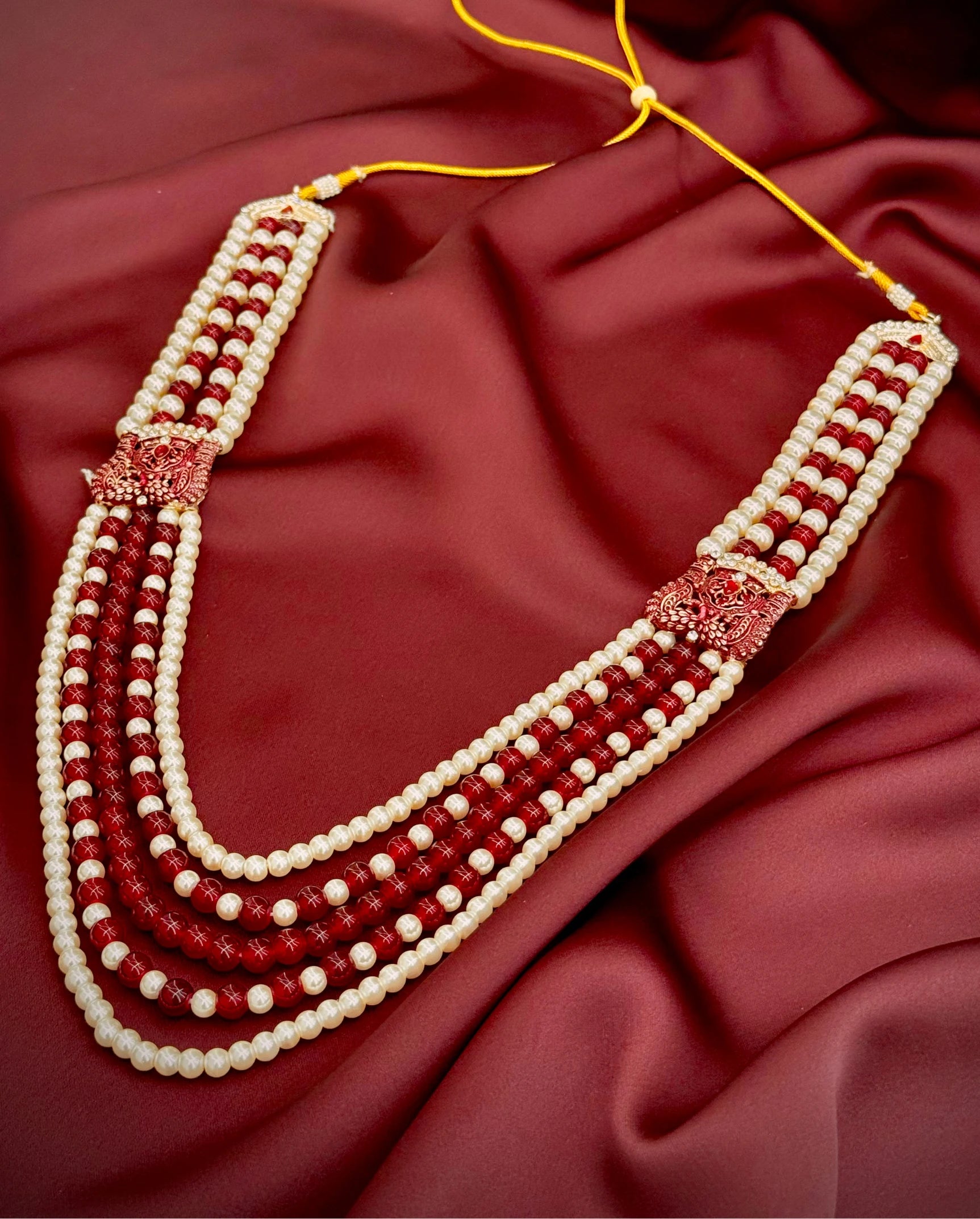 maharaja red pearl mala groom | five layer wedding pearl necklace | royal sherwani bead mala