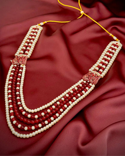 maharaja red pearl mala groom | five layer wedding pearl necklace | royal sherwani bead mala