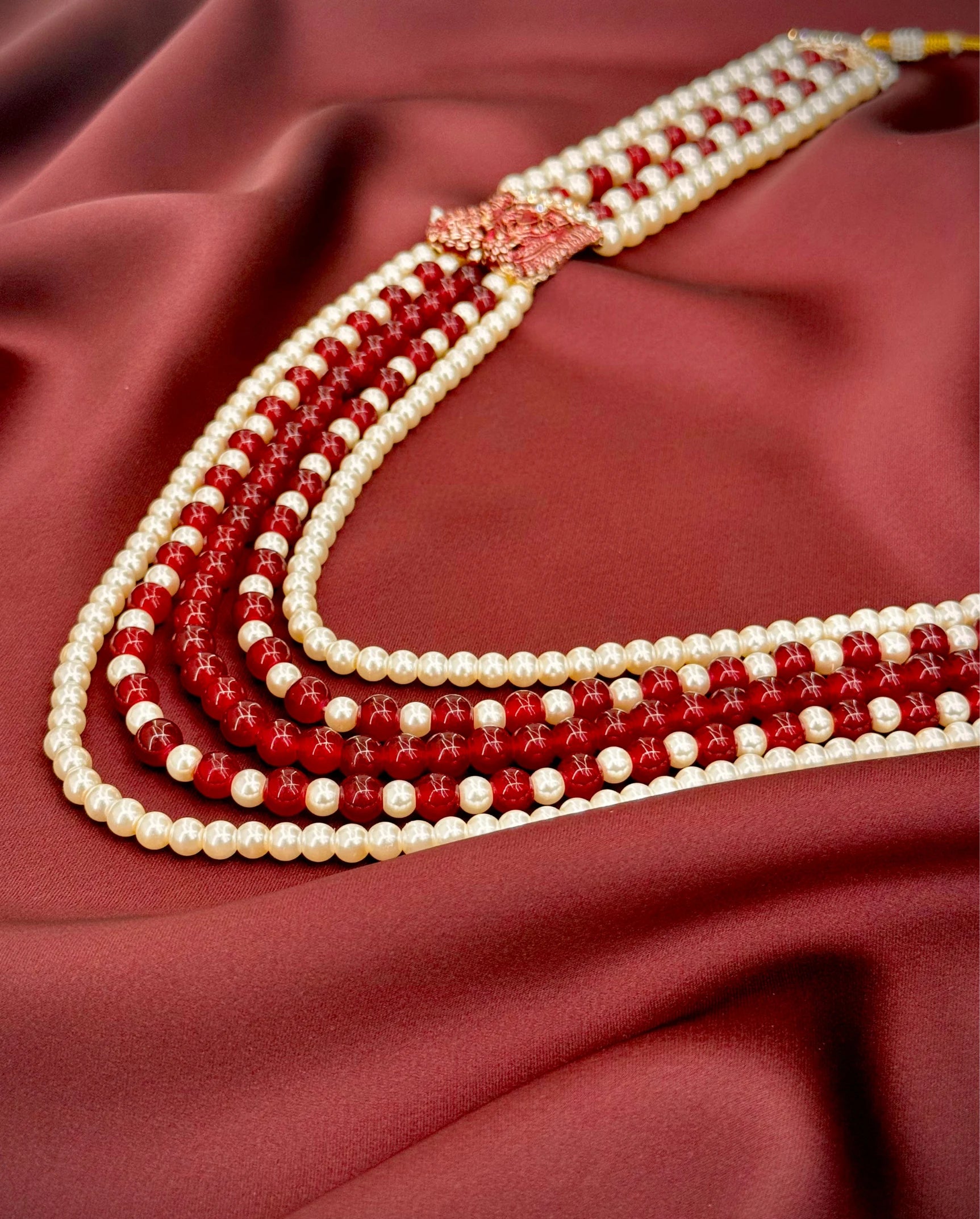 maharaja red pearl mala groom | five layer wedding pearl necklace | royal sherwani bead mala