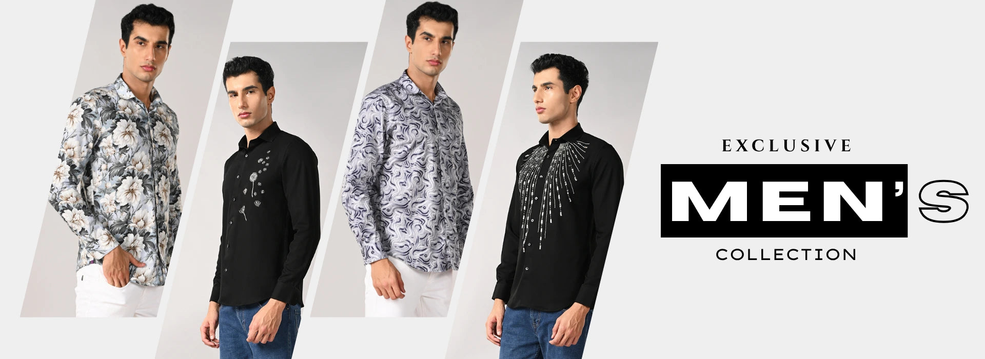 Four men modeling different styles of men's shirts with promotional text for an exclusive men's collection.